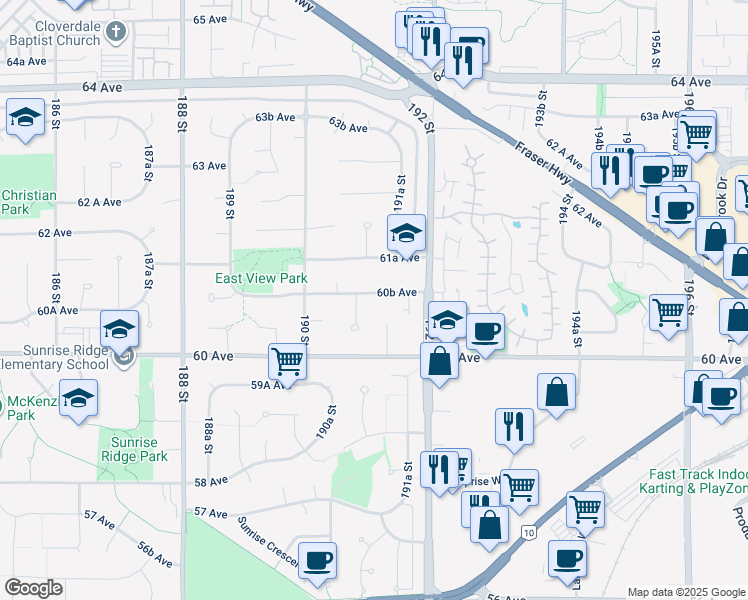 map of restaurants, bars, coffee shops, grocery stores, and more near in Surrey