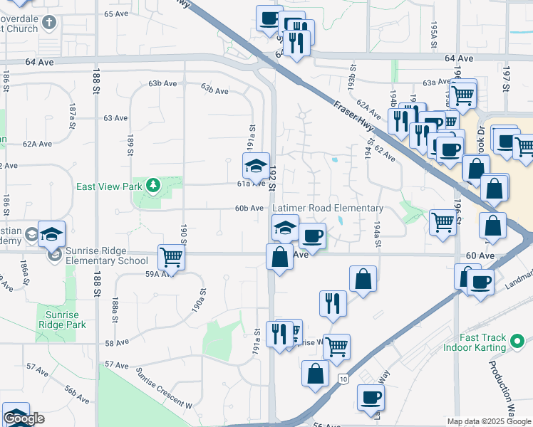 map of restaurants, bars, coffee shops, grocery stores, and more near 19188 60B Avenue in Surrey