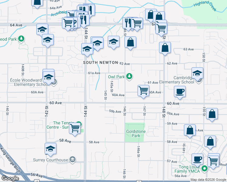 map of restaurants, bars, coffee shops, grocery stores, and more near 6058 145 Street in Surrey