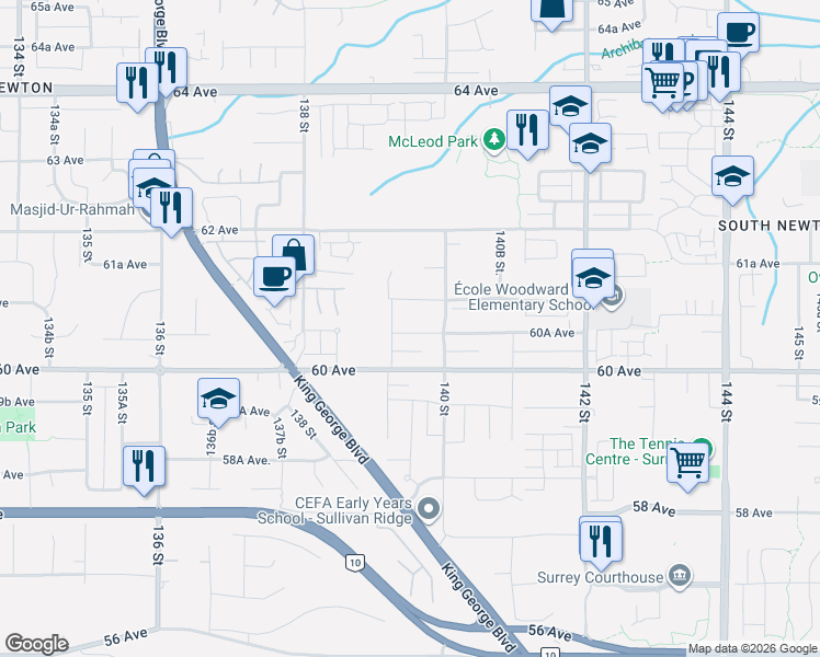 map of restaurants, bars, coffee shops, grocery stores, and more near 6077 140 Street in Surrey