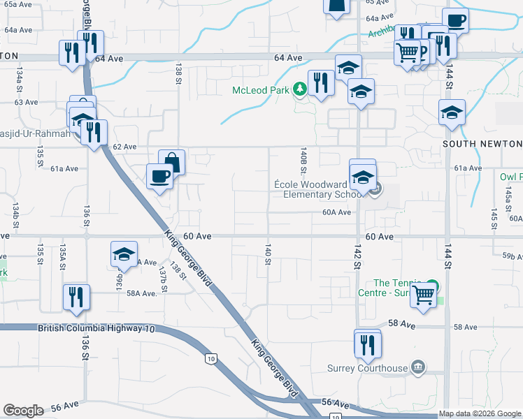 map of restaurants, bars, coffee shops, grocery stores, and more near 6077 140 Street in Surrey