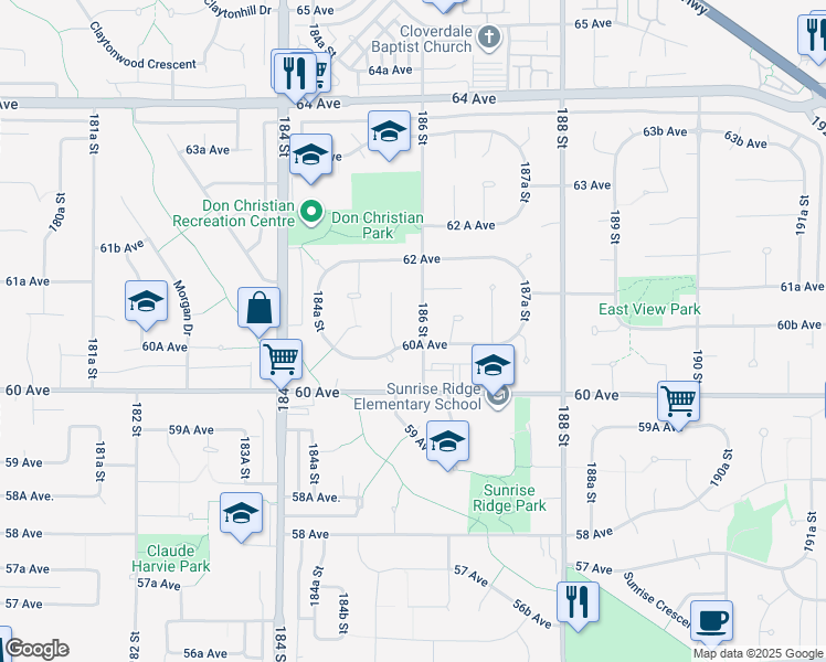 map of restaurants, bars, coffee shops, grocery stores, and more near 6065 186 Street in Surrey
