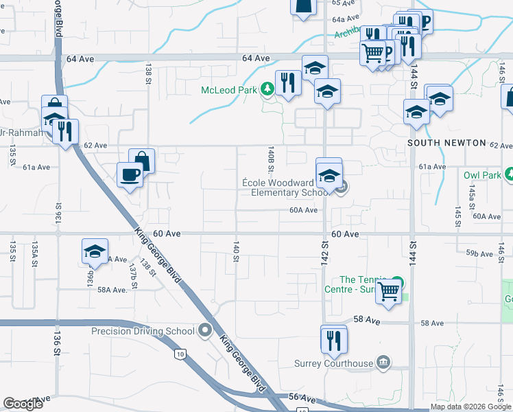 map of restaurants, bars, coffee shops, grocery stores, and more near 14057 60A Avenue in Surrey