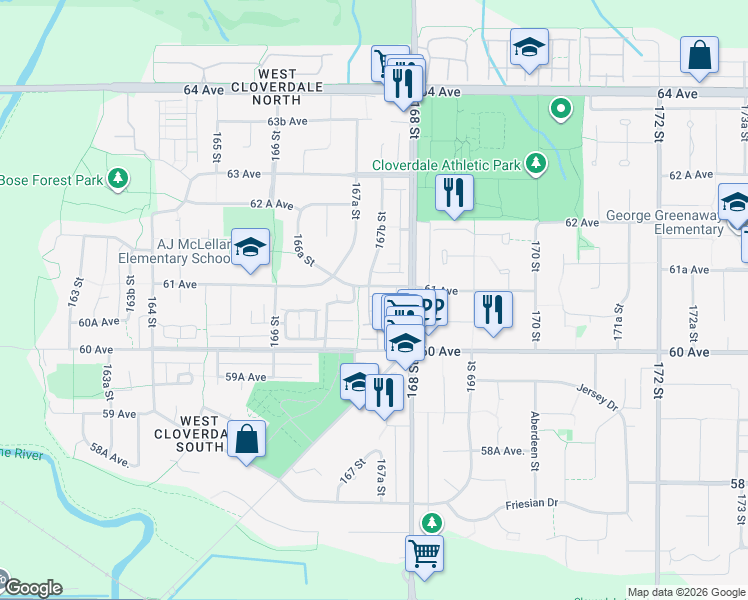 map of restaurants, bars, coffee shops, grocery stores, and more near 16772 61 Avenue in Surrey