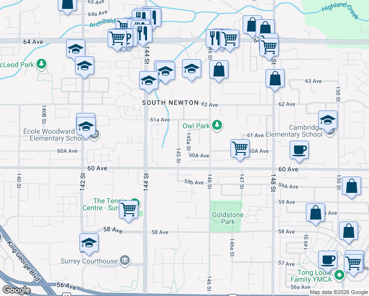 map of restaurants, bars, coffee shops, grocery stores, and more near 6058 145 Street in Surrey