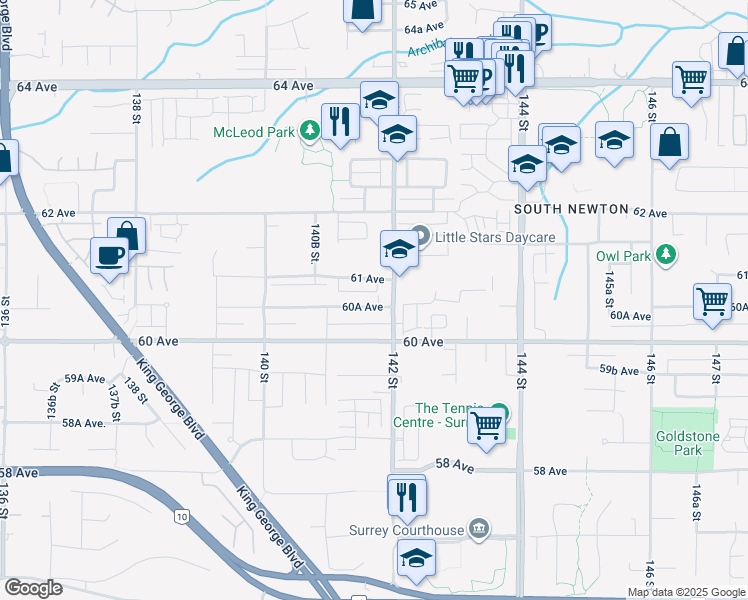 map of restaurants, bars, coffee shops, grocery stores, and more near 14177 60A Avenue in Surrey