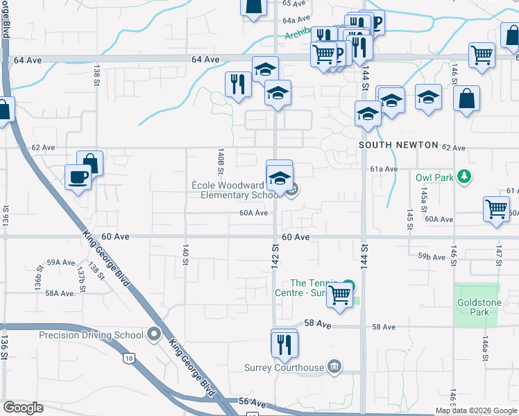 map of restaurants, bars, coffee shops, grocery stores, and more near 14163 60A Avenue in Surrey