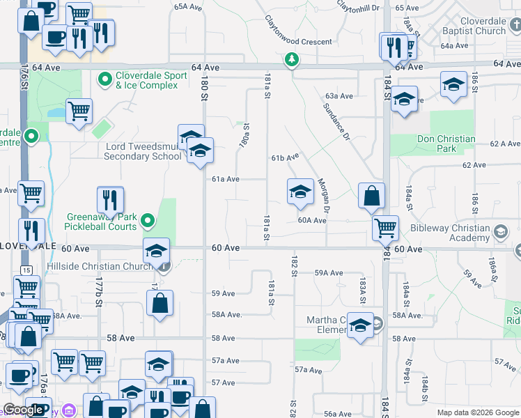 map of restaurants, bars, coffee shops, grocery stores, and more near 6083 181A Street in Surrey