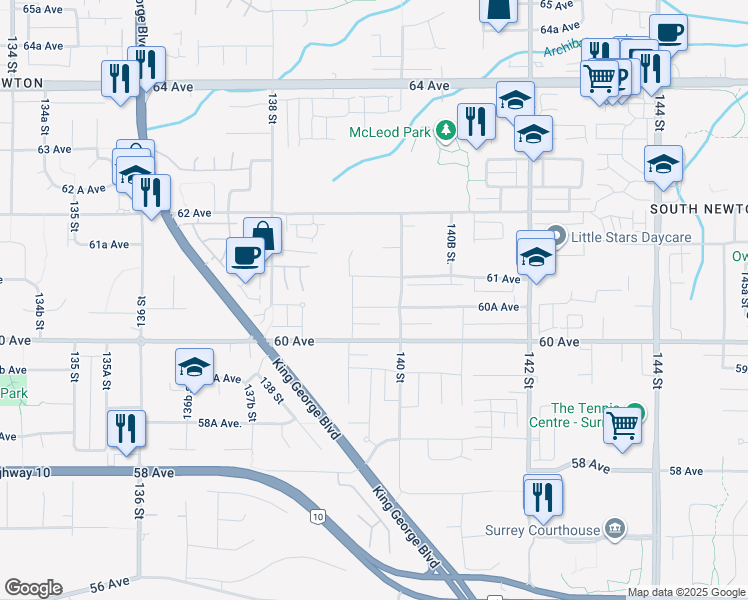 map of restaurants, bars, coffee shops, grocery stores, and more near 13955 60A Avenue in Surrey