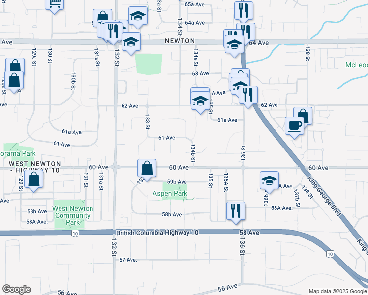 map of restaurants, bars, coffee shops, grocery stores, and more near 13451 60A Avenue in Surrey