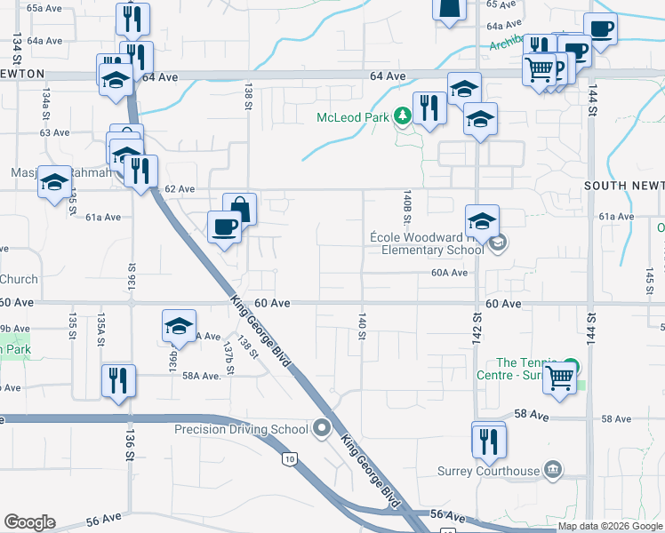 map of restaurants, bars, coffee shops, grocery stores, and more near 13947 60A Avenue in Surrey