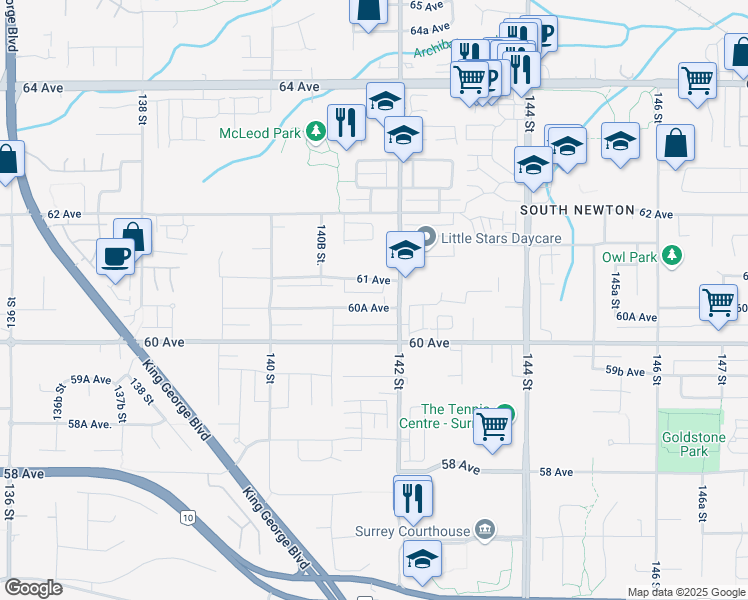 map of restaurants, bars, coffee shops, grocery stores, and more near 14165 60A Avenue in Surrey