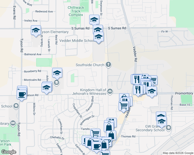 map of restaurants, bars, coffee shops, grocery stores, and more near 6110 Miller Drive in Chilliwack
