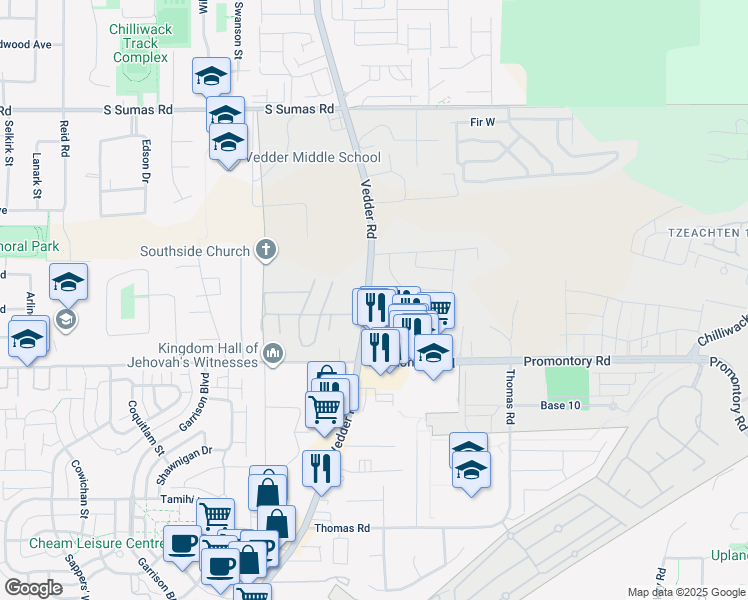 map of restaurants, bars, coffee shops, grocery stores, and more near 6336 Vedder Road in Chilliwack