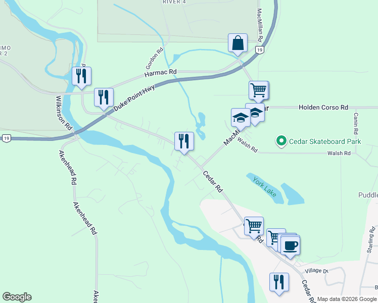 map of restaurants, bars, coffee shops, grocery stores, and more near 1668 Cedar Road in Nanaimo