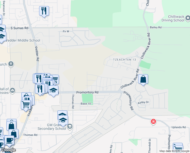 map of restaurants, bars, coffee shops, grocery stores, and more near 46211 Promontory Road in Chilliwack