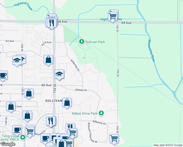 map of restaurants, bars, coffee shops, grocery stores, and more near 15436 Killarney Place in Surrey