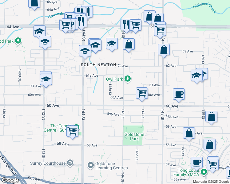 map of restaurants, bars, coffee shops, grocery stores, and more near 6071 145B Street in Surrey
