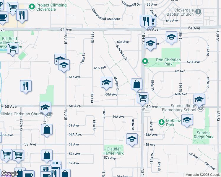 map of restaurants, bars, coffee shops, grocery stores, and more near 18232 Shetland Place in Surrey