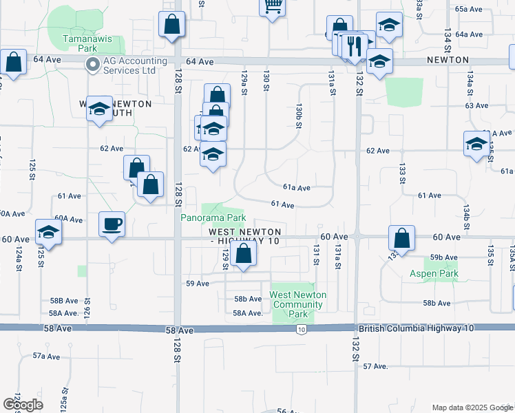 map of restaurants, bars, coffee shops, grocery stores, and more near 12978 61 Avenue in Surrey
