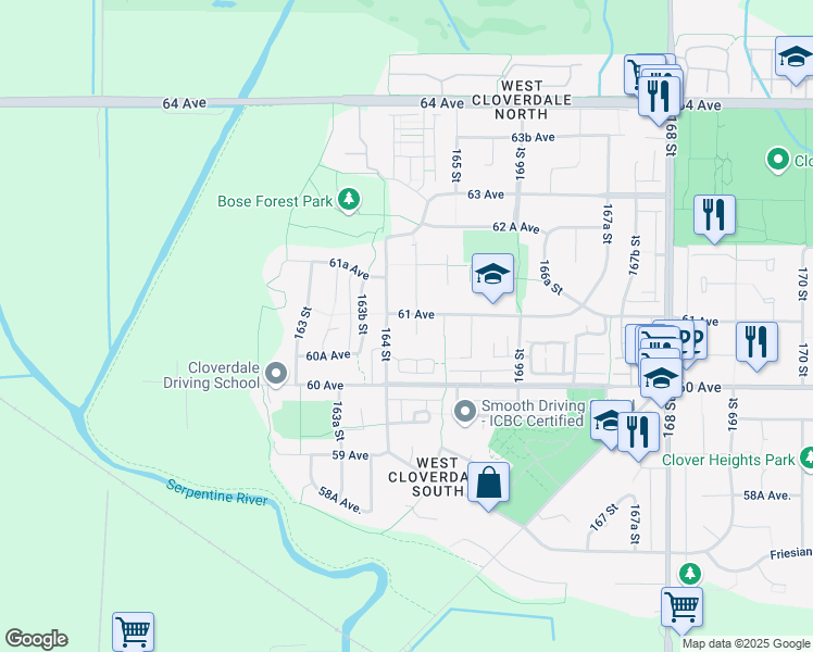 map of restaurants, bars, coffee shops, grocery stores, and more near 6081 164A Street in Surrey