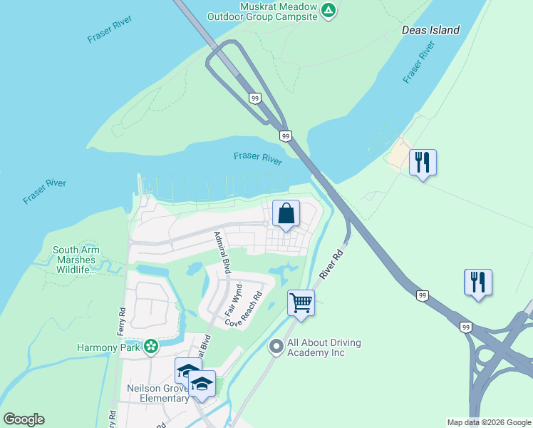 map of restaurants, bars, coffee shops, grocery stores, and more near 5551 Admiral Way in Delta