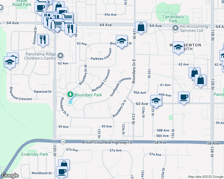 map of restaurants, bars, coffee shops, grocery stores, and more near 12339 Southpark Crescent in Surrey