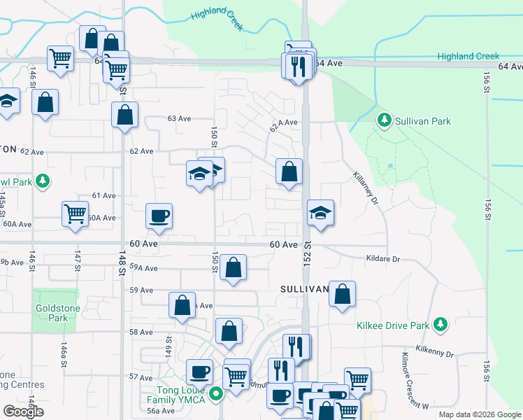 map of restaurants, bars, coffee shops, grocery stores, and more near 6101 151 Street in Surrey