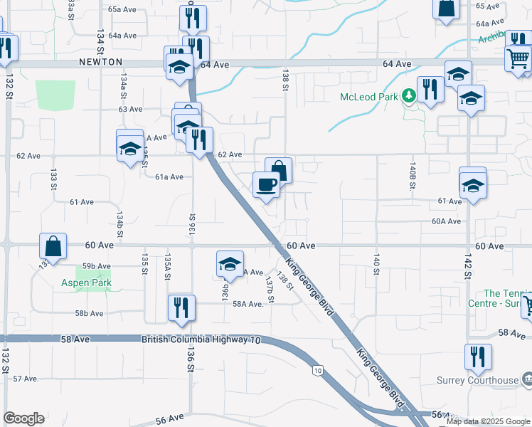 map of restaurants, bars, coffee shops, grocery stores, and more near 6123 138 Street in Surrey