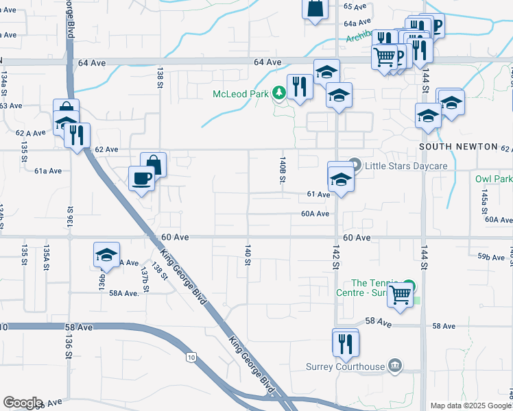 map of restaurants, bars, coffee shops, grocery stores, and more near 14057 60A Avenue in Surrey