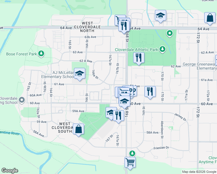 map of restaurants, bars, coffee shops, grocery stores, and more near in Surrey