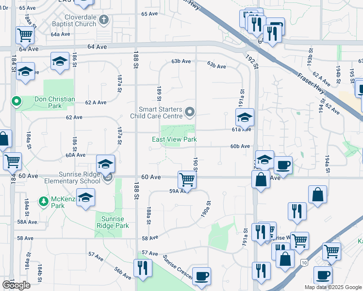 map of restaurants, bars, coffee shops, grocery stores, and more near 18961 60B Avenue in Surrey