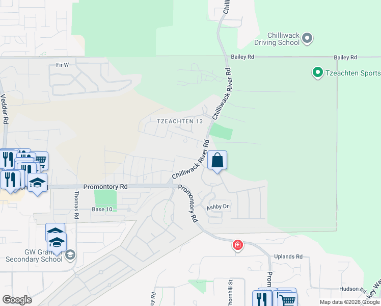 map of restaurants, bars, coffee shops, grocery stores, and more near 46295 White Raven Road in Chilliwack
