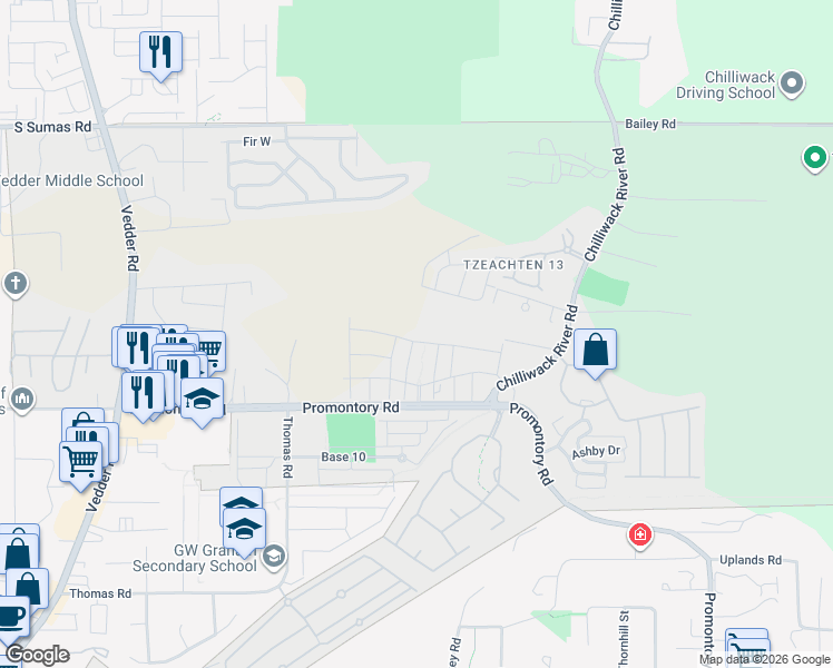 map of restaurants, bars, coffee shops, grocery stores, and more near 46208 Promontory Road in Chilliwack