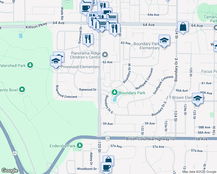 map of restaurants, bars, coffee shops, grocery stores, and more near Lakewood Place in Surrey