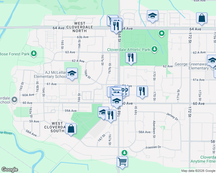 map of restaurants, bars, coffee shops, grocery stores, and more near 16772 61 Avenue in Surrey