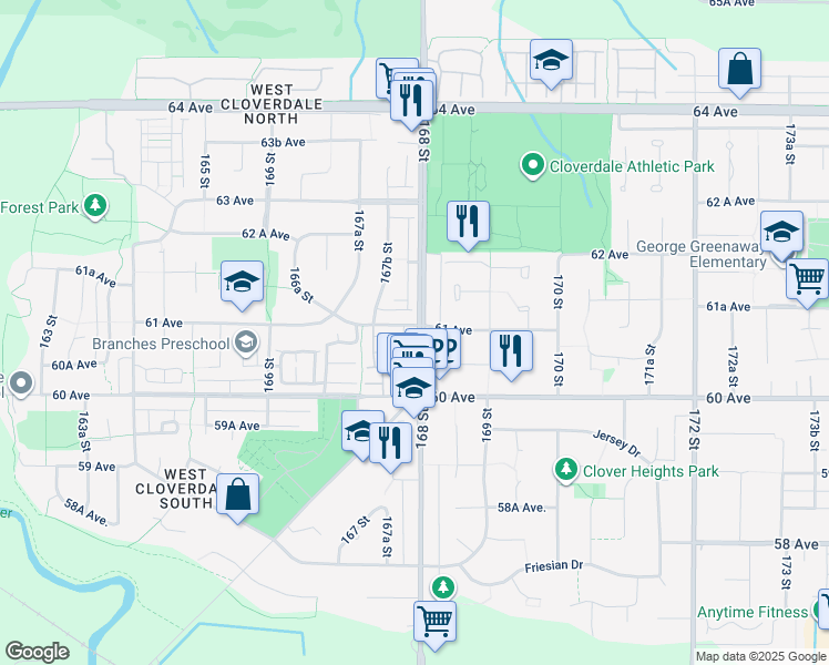 map of restaurants, bars, coffee shops, grocery stores, and more near 16772 61 Avenue in Surrey
