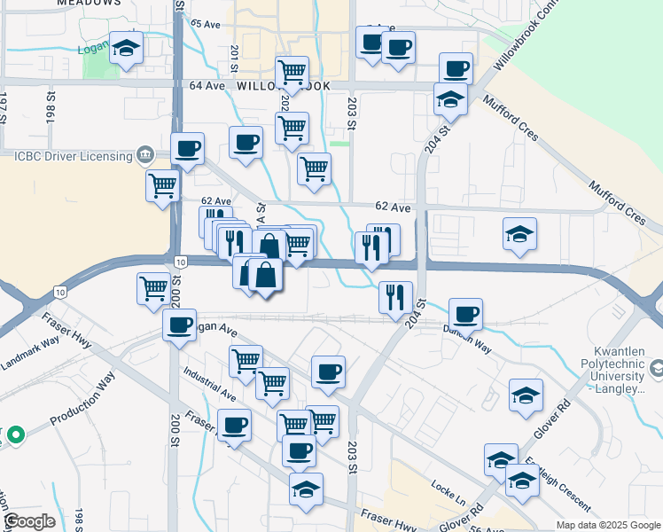 map of restaurants, bars, coffee shops, grocery stores, and more near 20300 Langley Bypass in Langley City