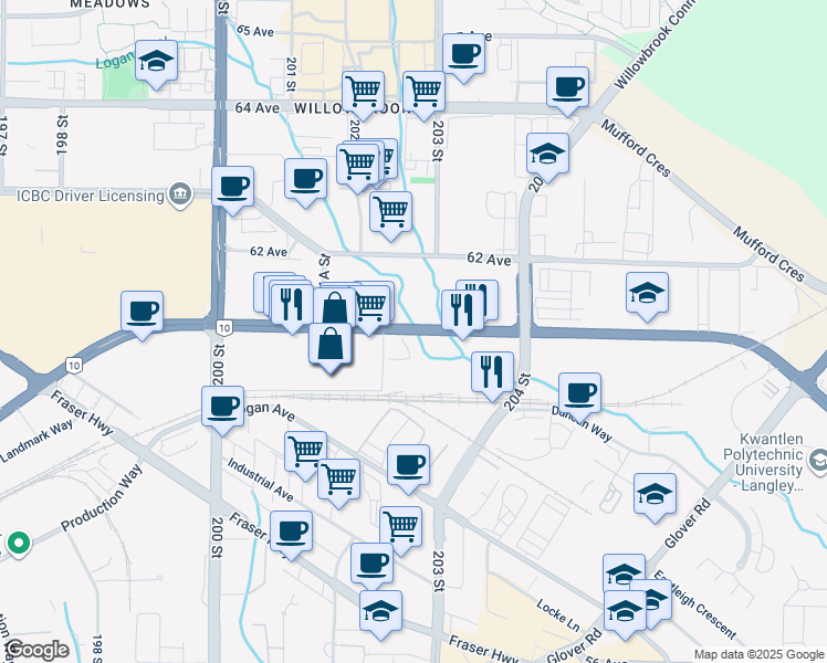 map of restaurants, bars, coffee shops, grocery stores, and more near Langley Bypass in Langley