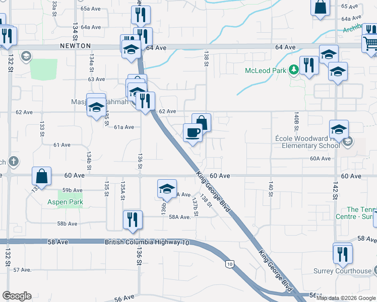 map of restaurants, bars, coffee shops, grocery stores, and more near 6123 138 Street in Surrey