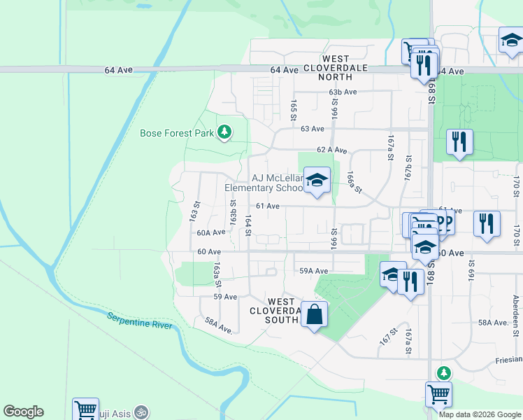 map of restaurants, bars, coffee shops, grocery stores, and more near 6093 164A Street in Surrey