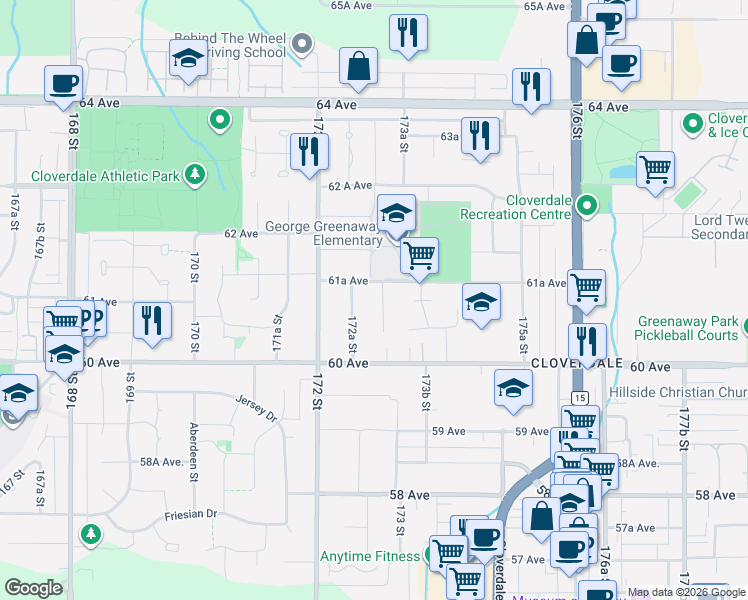 map of restaurants, bars, coffee shops, grocery stores, and more near 6103 172B Street in Surrey