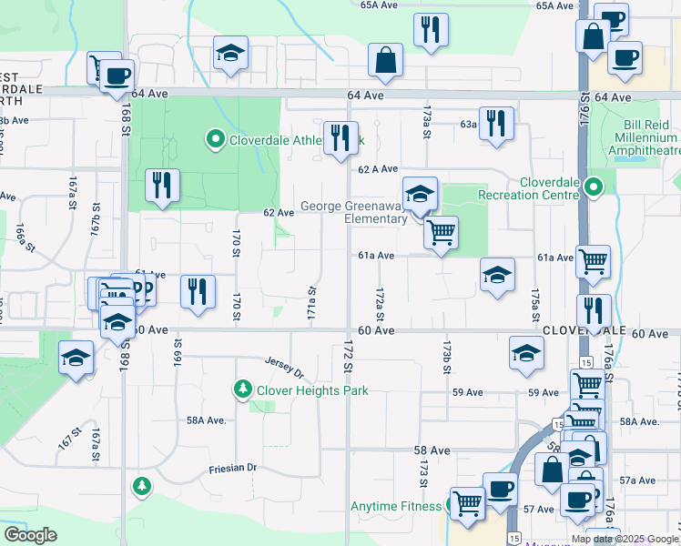 map of restaurants, bars, coffee shops, grocery stores, and more near 6099 172 Street in Surrey