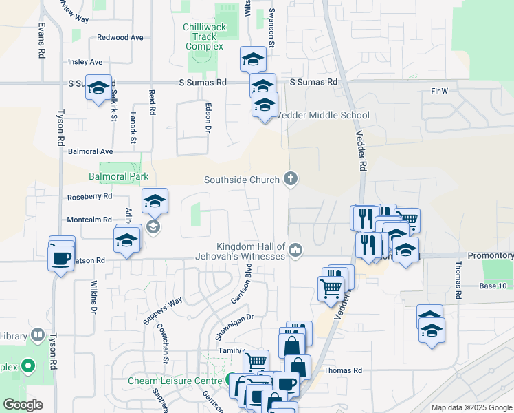 map of restaurants, bars, coffee shops, grocery stores, and more near 6110 Miller Drive in Chilliwack