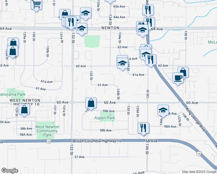 map of restaurants, bars, coffee shops, grocery stores, and more near 13396 61 Avenue in Surrey