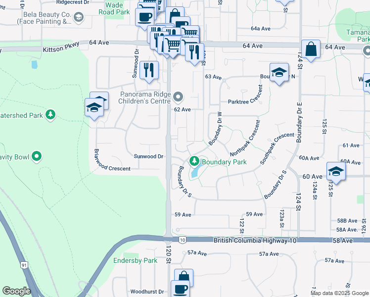 map of restaurants, bars, coffee shops, grocery stores, and more near 6061 Boundary Drive West in Surrey