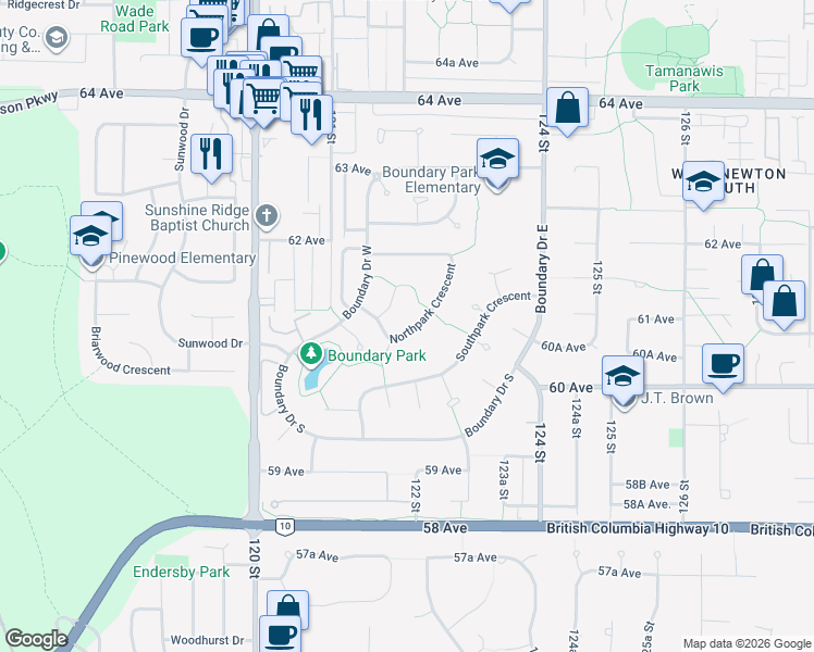 map of restaurants, bars, coffee shops, grocery stores, and more near 12201 Northpark Crescent in Surrey