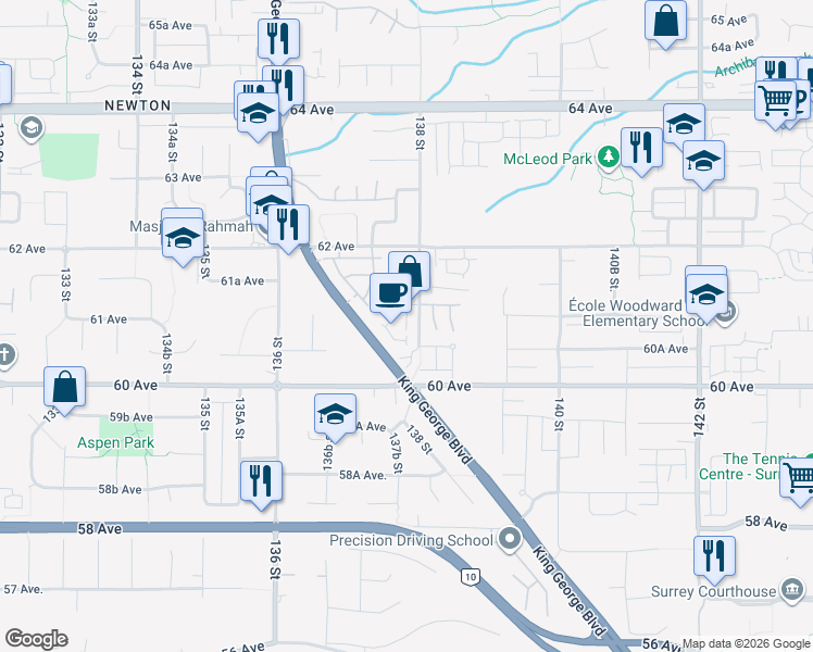 map of restaurants, bars, coffee shops, grocery stores, and more near 6015 138a Street in Surrey