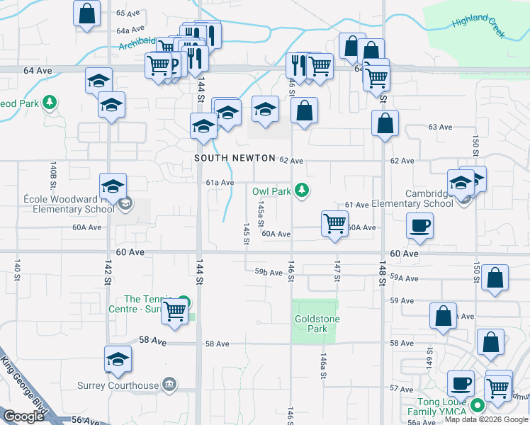 map of restaurants, bars, coffee shops, grocery stores, and more near 6082 145A Street in Surrey