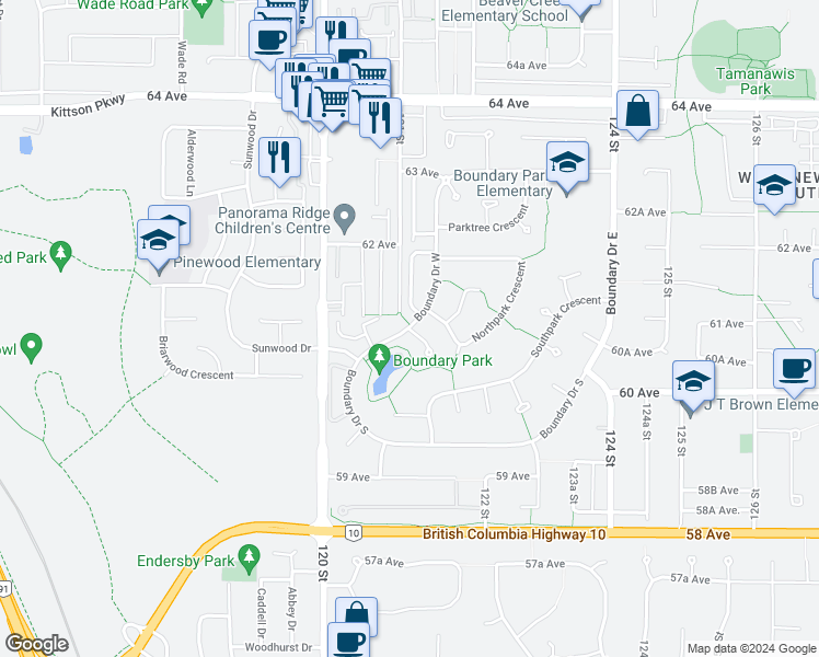 map of restaurants, bars, coffee shops, grocery stores, and more near 6061 Boundary Drive West in Surrey